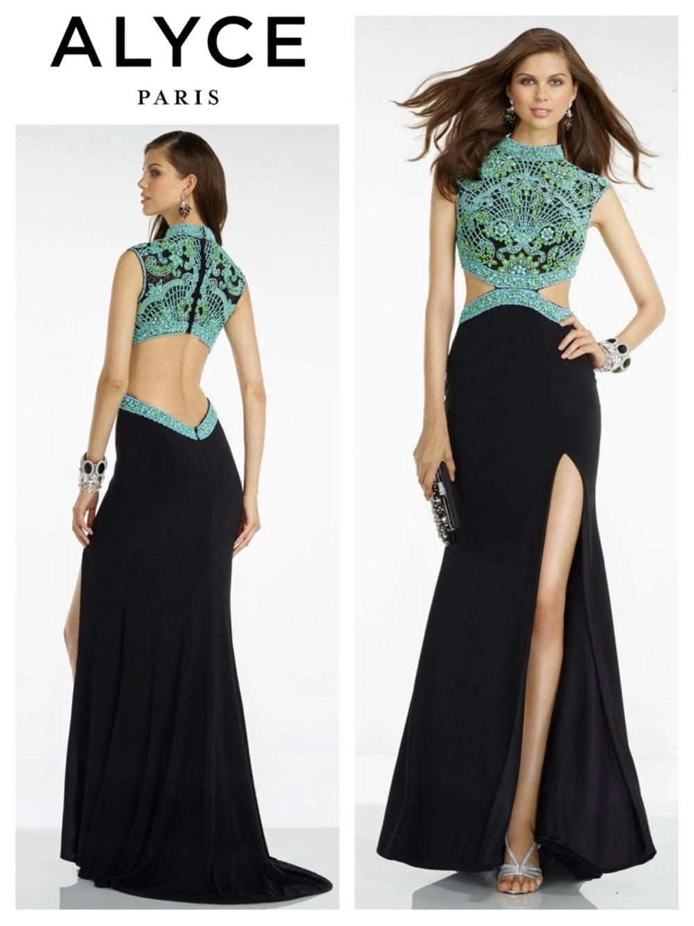 Alyce Paris Black Prom Gown with Turquoise Beaded Bodice